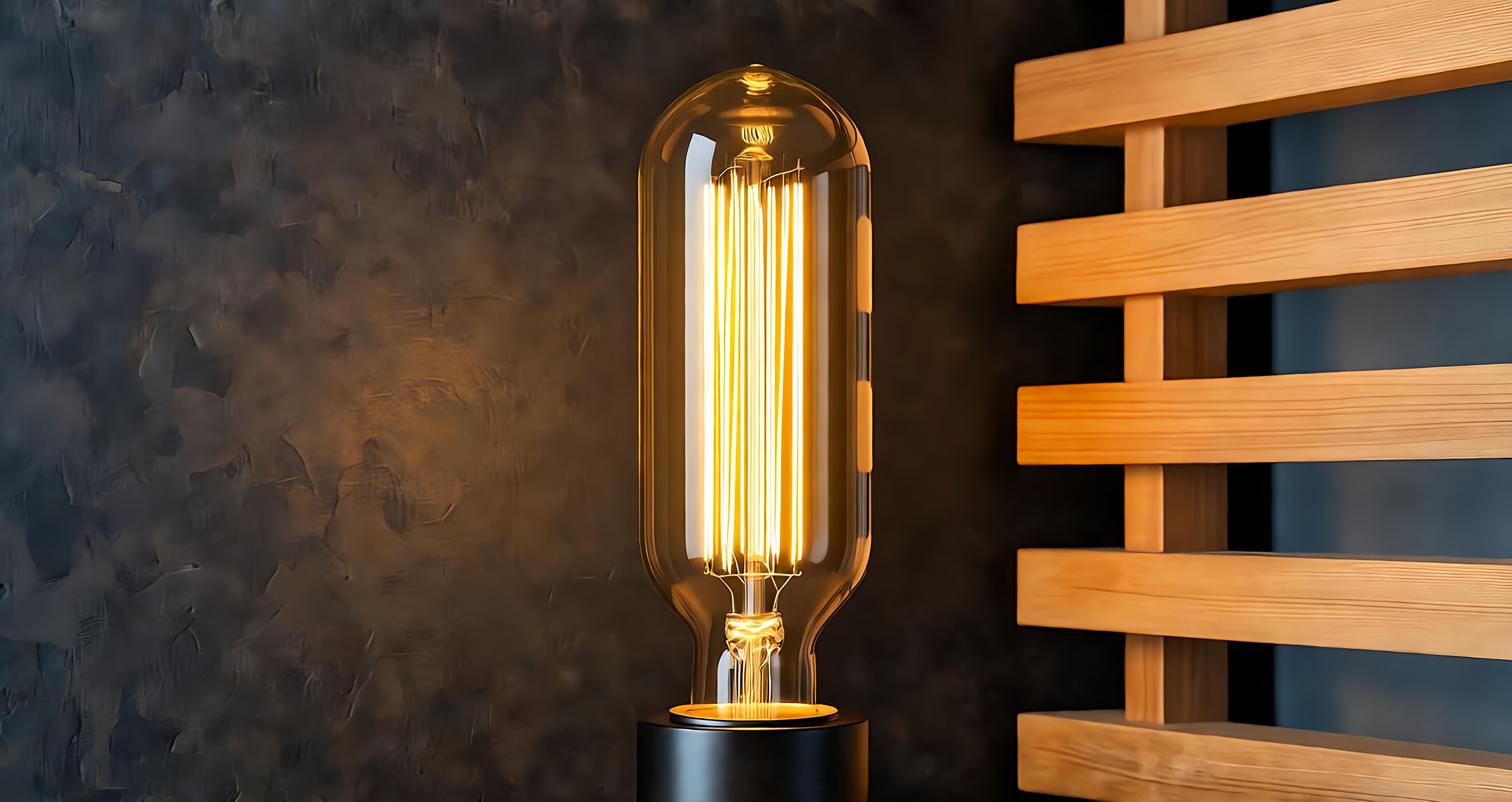 لامپ فیلامنتی لوله&zwnj;ای در حال استفاده تو یه کافه مدرن با نور گرم و فضای صمیمی