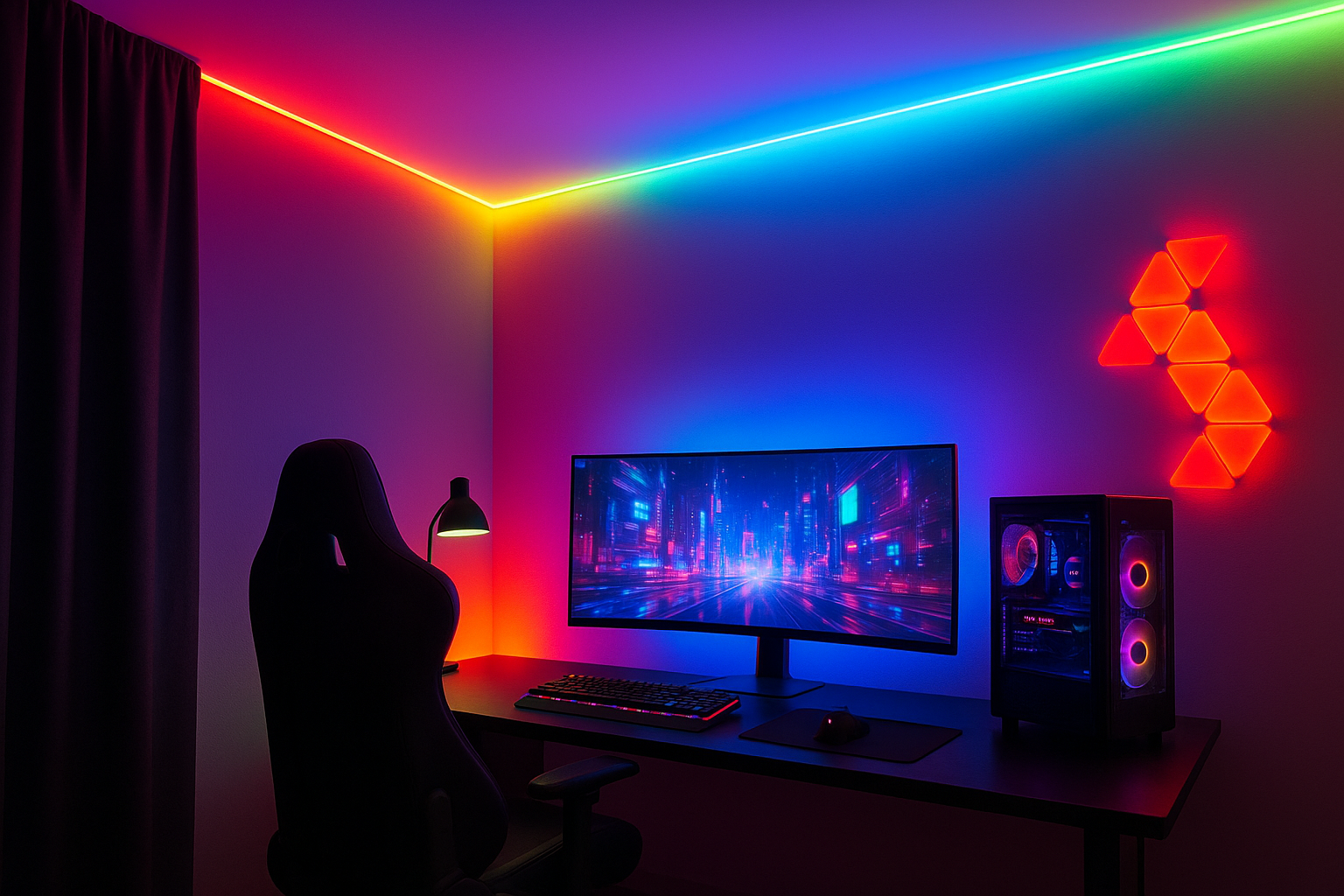 دیزاین حرفهای اتاق گیمینگ با ریسههای LED رنگی روی سقف، دیوارها و کیس کامپیوتر برای افزایش تمرکز و هیجان