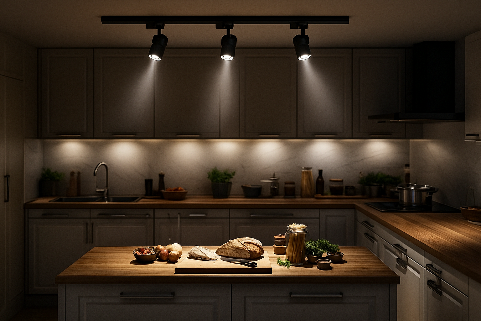 نورپردازی مستقیم در آشپزخانه با استفاده از چراغ ریلی برای تمرکز روی میز کار